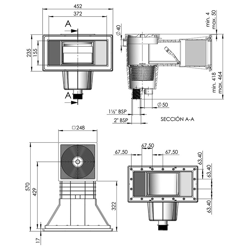 Medidas Skimmer 17,5L boca ancha y alargo tapa cuadrada piscina hormig&oacute;n AstralPool