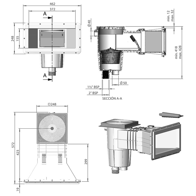 Medidas Skimmer 17,5L boca ancha y alargo tapa cuadrada piscina hormig&oacute;n AstralPool