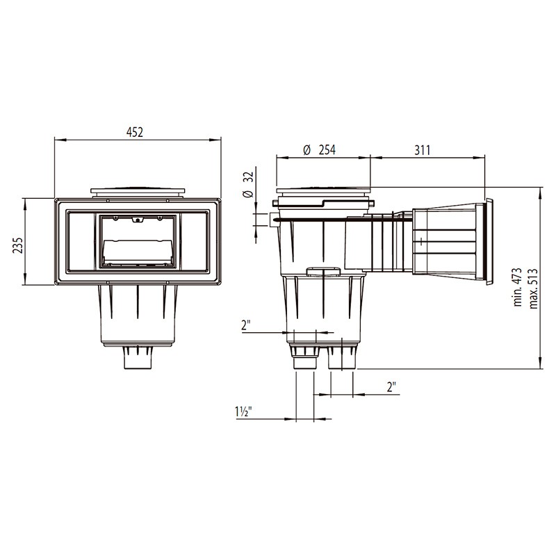 Medidas Skimmer 17,5L boca ancha y alargo tapa cuadrada piscina hormig&oacute;n AstralPool