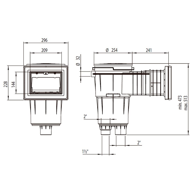Medidas Skimmer 17,5L boca ancha y alargo tapa cuadrada piscina hormig&oacute;n AstralPool